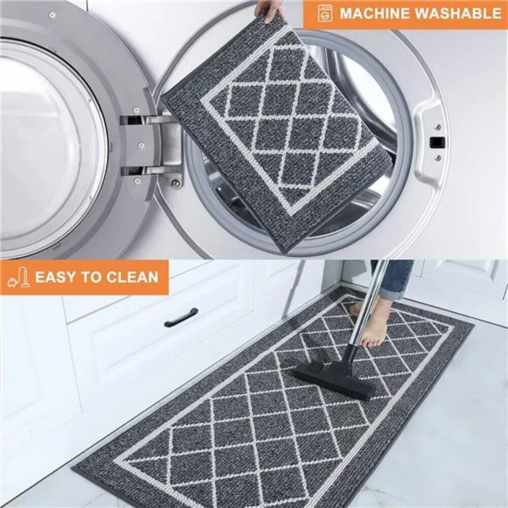 Non Slip Kitchen Rugs Set of 2 Grey Washable Runner Mats for Floor Sink